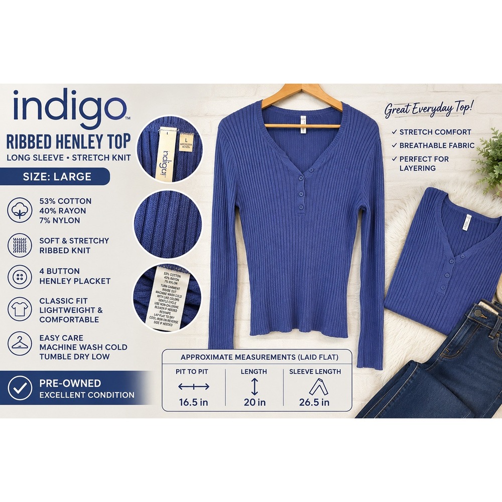 Indigo Great Northwest Ribbed Henley Top Long Sleeve Blue Large Stretch Knit